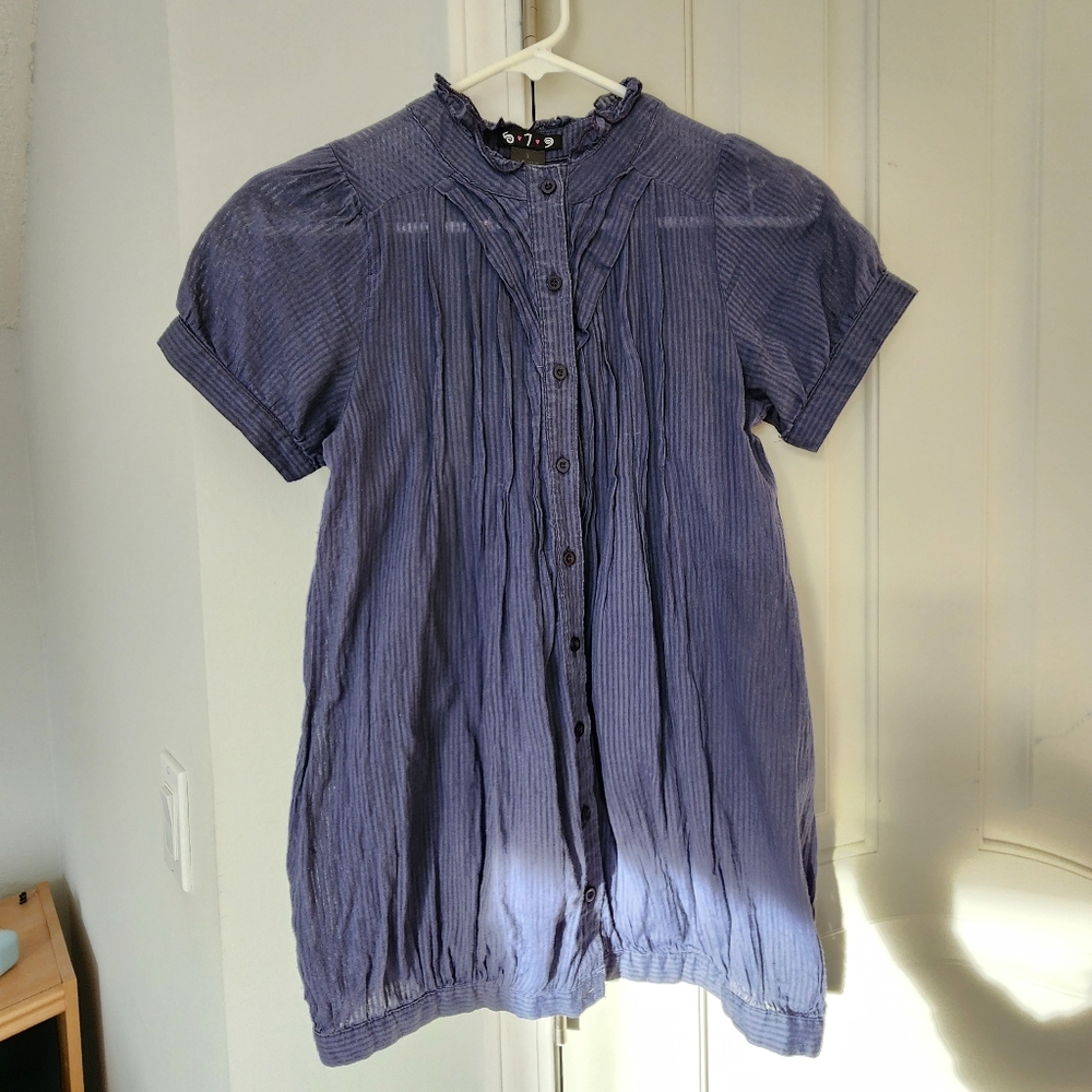 Navy Button-Up Puff Sleeve Blouse Horror Protagonist Coquette Alice Cullen
